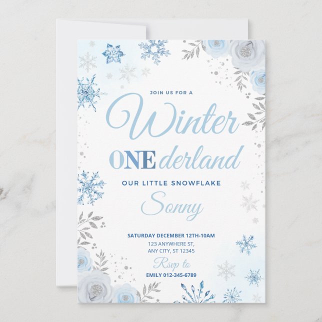 Winter ONEderland Blue Snowflake 1st Invitation (Front)