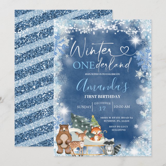 Winter Onederland Blue Snowflake Birthday Invitation (Front/Back)