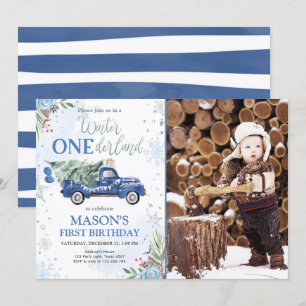 Winter Onederland Blue Truck Boy First Birthday Invitation
