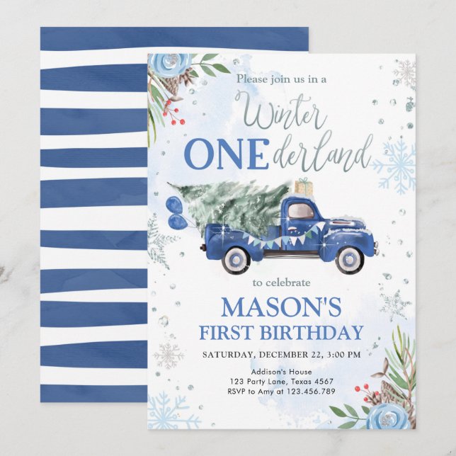 Winter Onederland Blue Truck First Birthday Invitation (Front/Back)