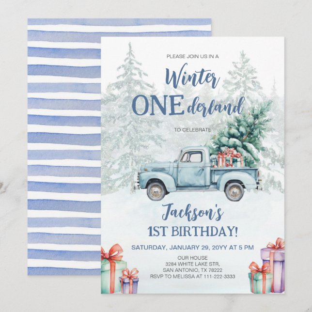 Winter Onederland Blue Truck First Birthday Invitation (Front/Back)