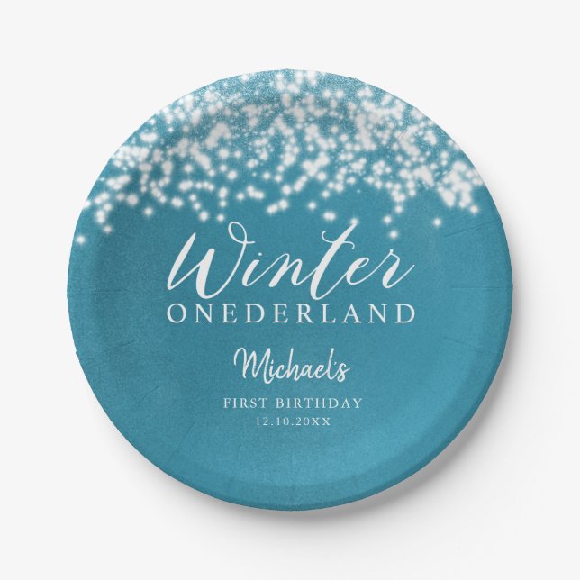 Winter ONEDERLAND Blue Winter Birthday Party Paper Plate (Front)