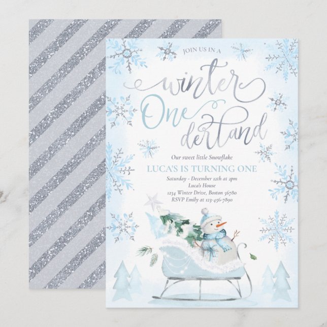 Winter ONEderland Blue Winter Sleigh 1st Birthday Invitation (Front/Back)