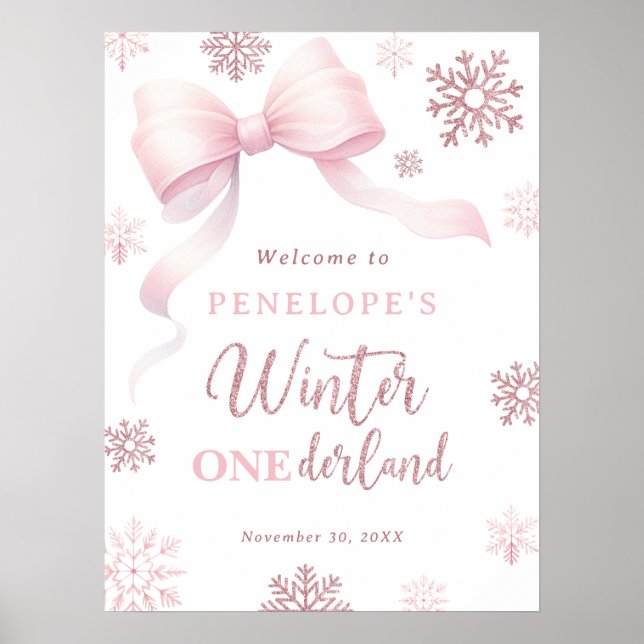 Winter Onederland Bow Girl 1st Birthday Welcome Poster (Front)
