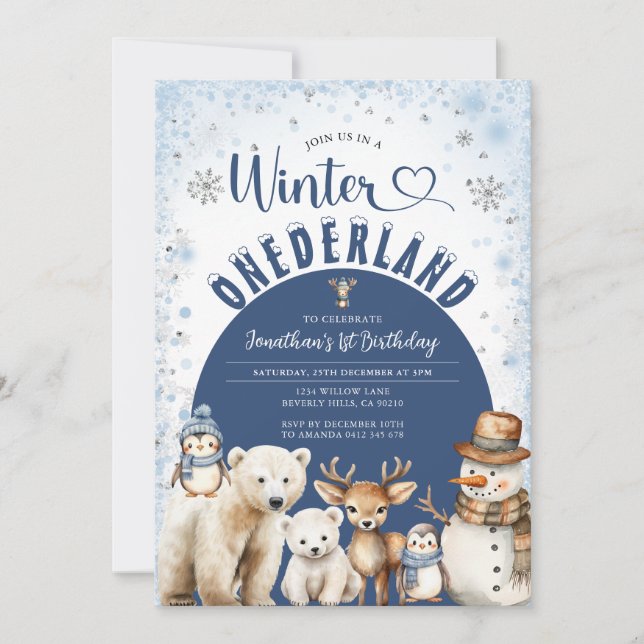 Winter Onederland Boy 1st Birthday Arctic Animals Invitation (Front)