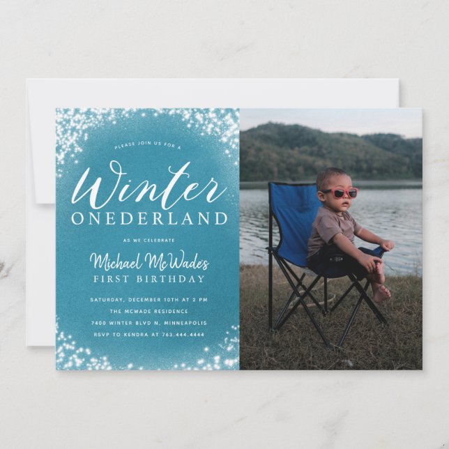 Winter Onederland Boy 1st Birthday Party Photo Invitation (Front)
