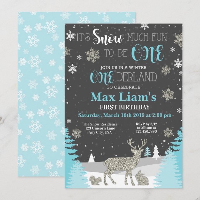 Winter ONEderland Boy First Birthday Invitation (Front/Back)