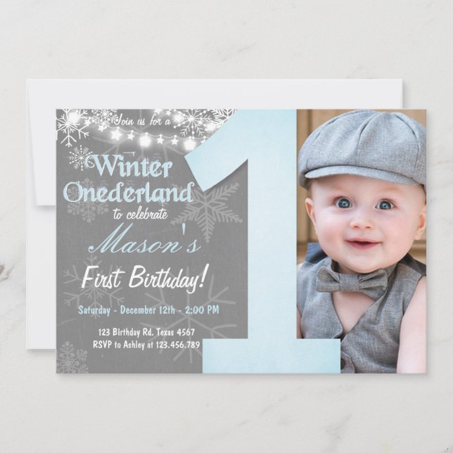 Winter Onederland Boy Grey Snowflake Birthday Invitation (Front)