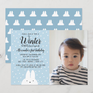 Winter ONEderland Boy Photo 1st Birthday Blue Invitation