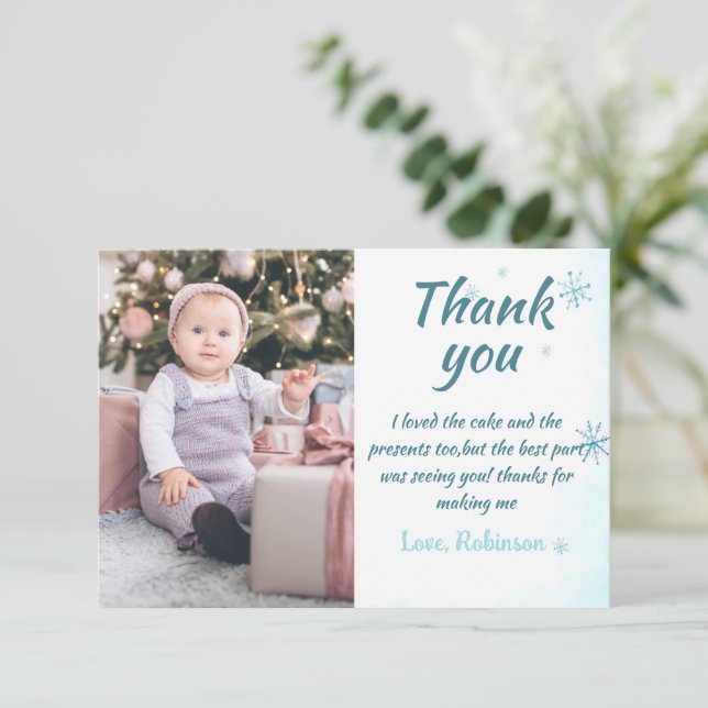 Winter Onederland Boy Thank You Card with Photo (Standing Front)