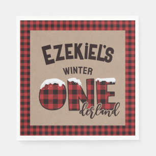 Winter ONEderland Buffalo Plaid Happy Birthday Napkin