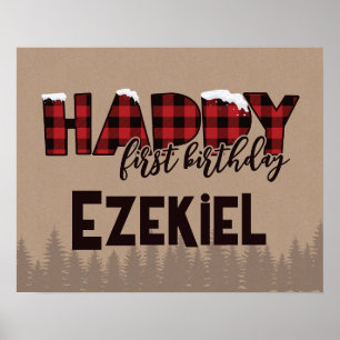 Winter ONEderland Buffalo Plaid Happy Birthday Poster