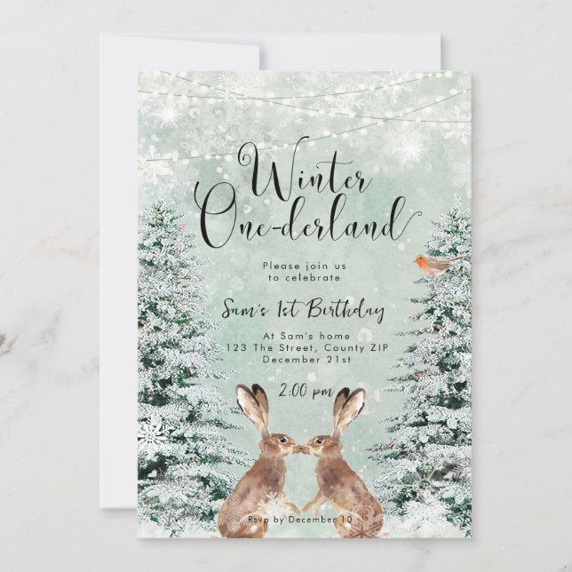 winter onederland bunny birthday party invitation (Front)