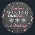 Winter ONEderland Chalkboard 1st Birthday Classic Round Sticker<br><div class="desc">Celebrate in style with these trendy 1st birthday party thank you stickers. The design is easy to personalise with your own wording and your family and friends will be thrilled when they see these fabulous stickers.</div>