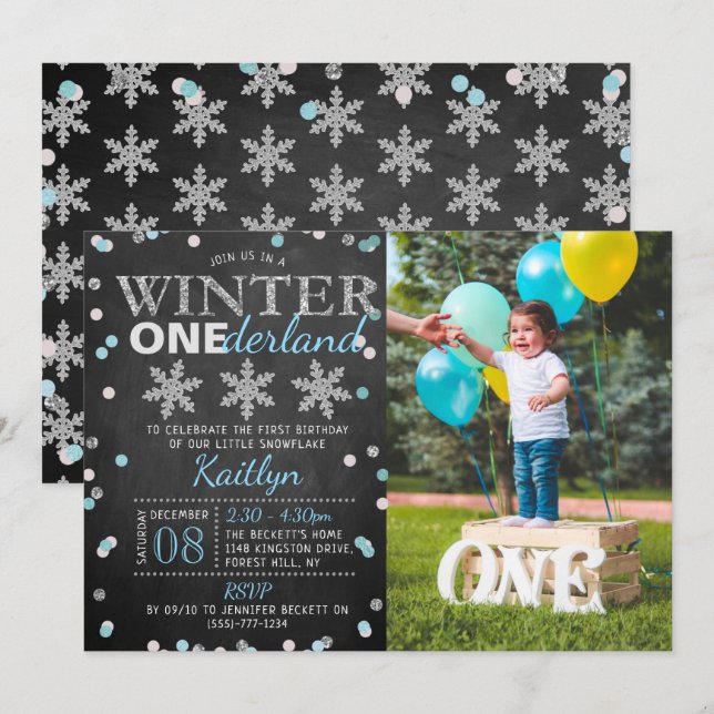 Winter ONEderland Chalkboard 1st Birthday Photo Invitation (Front/Back)