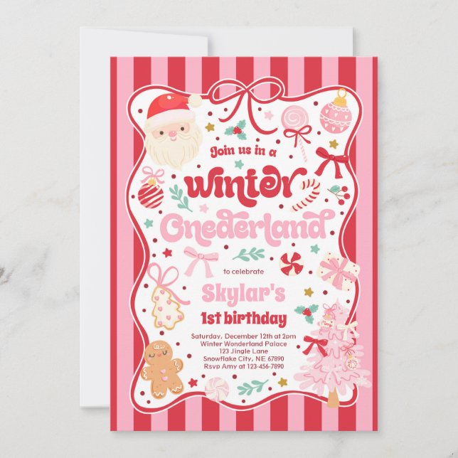 Winter Onederland Christmas Coquette Bow Birthday Invitation (Front)