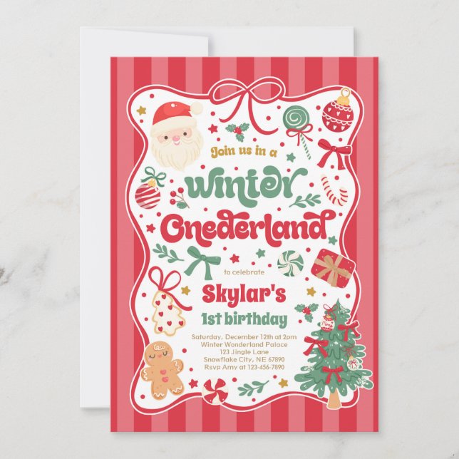 Winter Onederland Christmas Coquette Bow Birthday Invitation (Front)