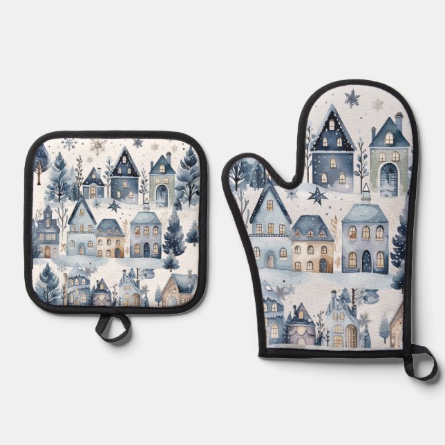 Winter Onederland Christmas Houses Birthday Oven Mitt & Pot Holder Set (Front)