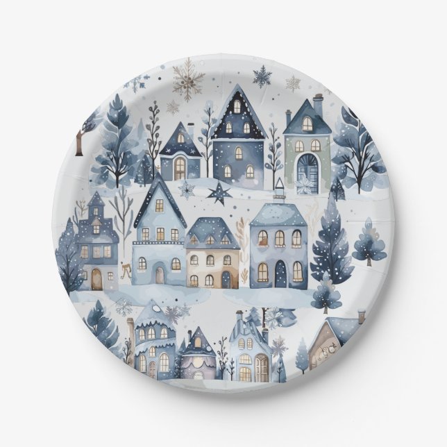 Winter Onederland Christmas Houses Birthday Paper Plate (Front)