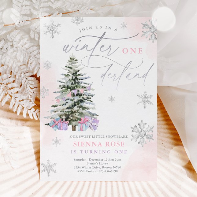 Winter Onederland Christmas Pink & Silver Birthday Invitation (Creator Uploaded)