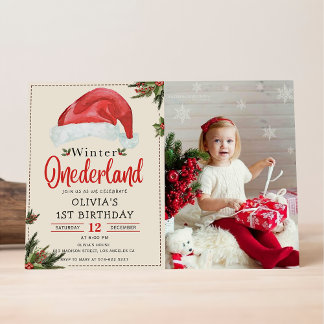 Winter ONEderland Christmas Santa Hat Birthday Invitation