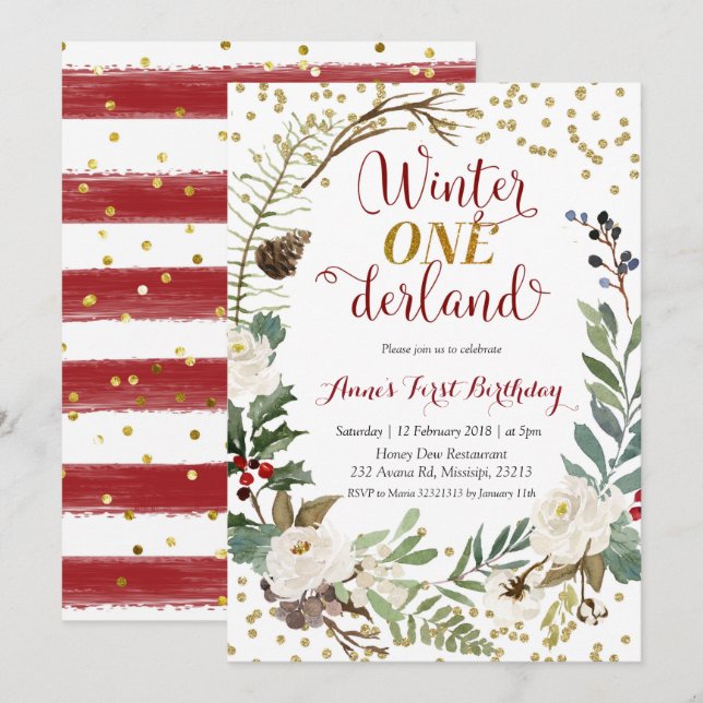 Winter Onederland Christmas Wreath Birthday Invitation (Front/Back)