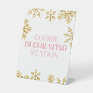 Winter Onederland Cookie Decorating Pink Gold Pedestal Sign