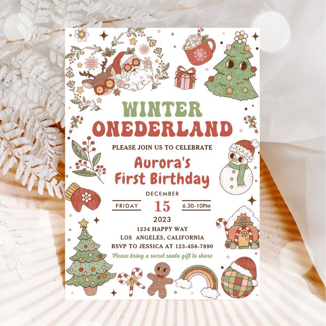 Winter Onederland Cute Groovy Santa Birthday Party Invitation (Creator Uploaded)