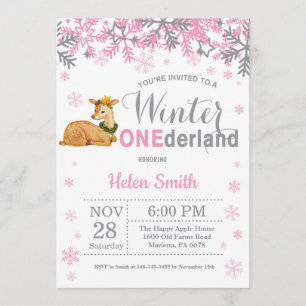 Winter Onederland Deer Girl 1st Birthday Invitation