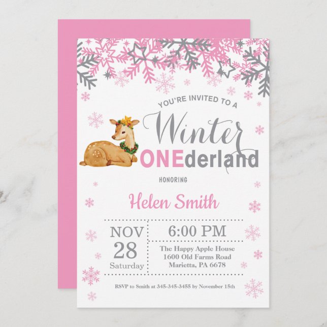 Winter Onederland Deer Girl 1st Birthday Invitation (Front/Back)