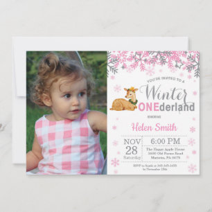 Winter Onederland Deer Girl 1st Birthday Photo Invitation