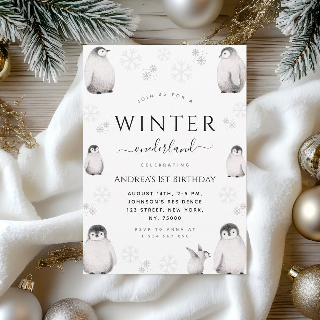 Winter Onederland Drawn Penguin 1st Birthday Party Save The Date (Creator Uploaded)