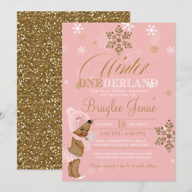 Winter Onederland First Birthday African-American  Invitation (Front/Back)