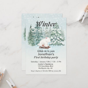 Winter Onederland First Birthday Bear on Sleigh Invitation