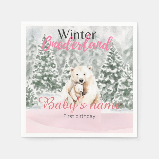 Winter Onederland First Birthday Bear Snowy Forest Napkin (Front)