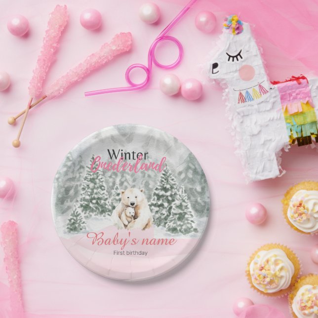 Winter Onederland First Birthday Bear Snowy Forest Paper Plate (Party)