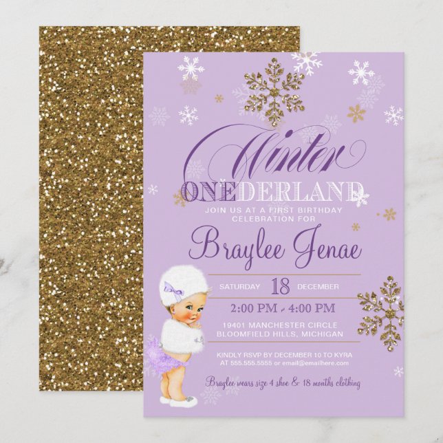Winter Onederland First Birthday Blonde Baby Girl Invitation (Front/Back)