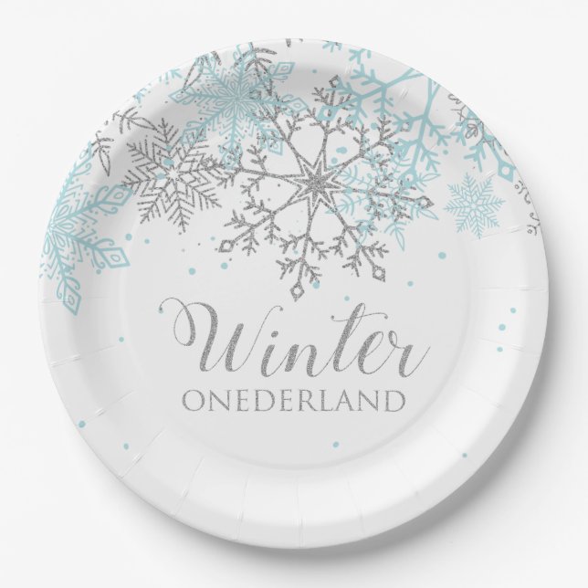 Winter Onederland first birthday blue and silver Paper Plate (Front)