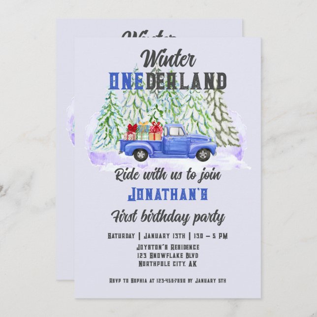 Winter Onederland First Birthday Blue Truck Boys Invitation (Front/Back)
