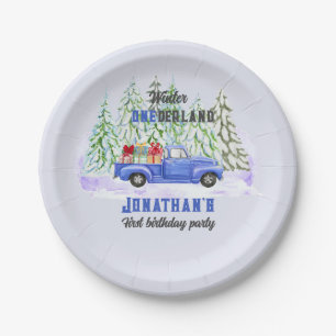 Winter Onederland First Birthday blue truck presen Paper Plate