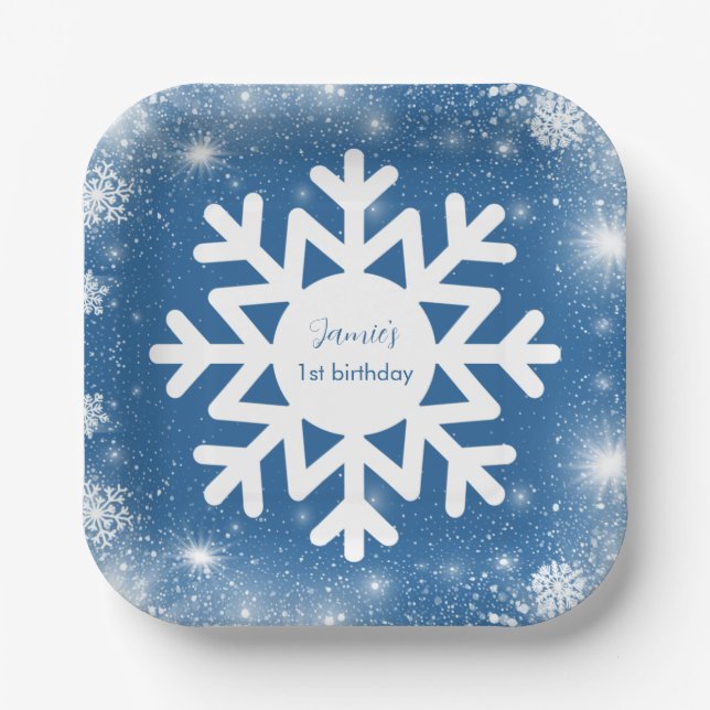 Winter ONEderland First birthday Boy Snowflake Paper Plate (Front)