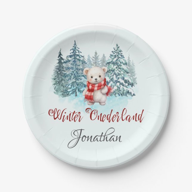 Winter Onederland First Birthday Cute Bear Forest  Paper Plate (Front)