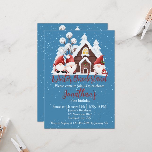 Winter Onederland First Birthday Cute gnomes  Invitation (Front/Back In Situ)