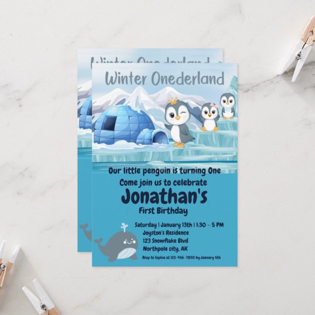 Winter Onederland First Birthday Cute Penguin Iglo Invitation (Front/Back In Situ)
