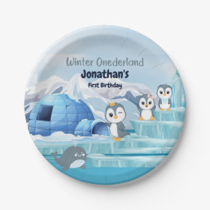 Winter Onederland First Birthday Cute Penguin Iglo Paper Plate