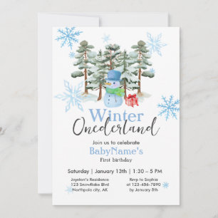 Winter Onederland First Birthday Cute Snowman Blue Invitation