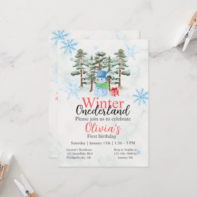 Winter Onederland First Birthday Cute snowman fore Invitation (Front/Back In Situ)