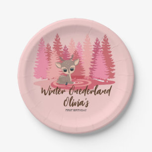 Winter Onederland First Birthday Deer Pink Forest Paper Plate