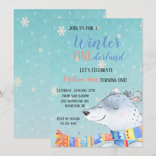 Winter Onederland First Birthday Invitation (Front/Back)