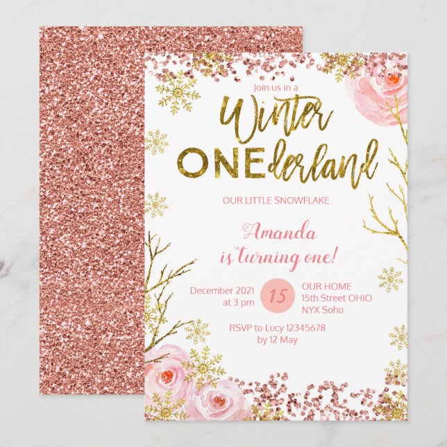 Winter ONEderland First Birthday Invitation Pink (Front/Back)